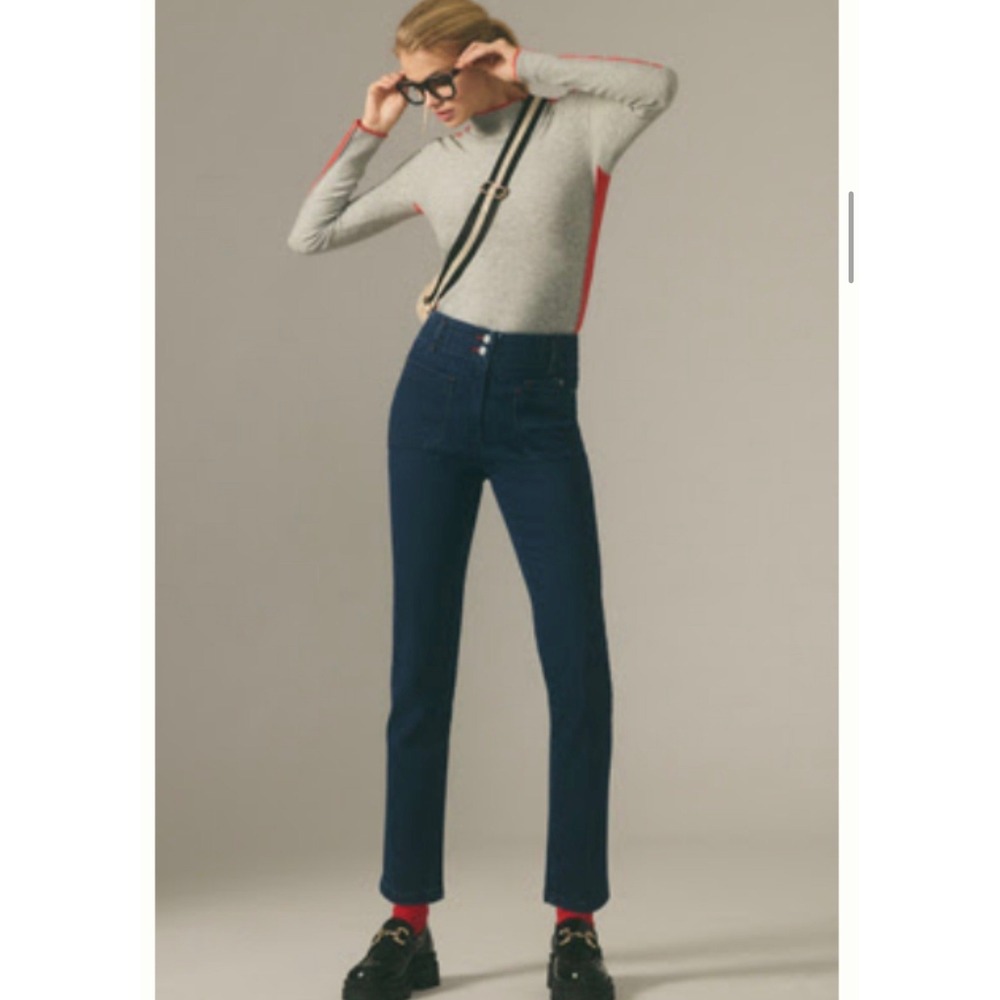 Maeve Anthropologie JUNIE HIGH-RISE‎ SLIM-LEG JEANS Patch Pocket Jeans Dark wash